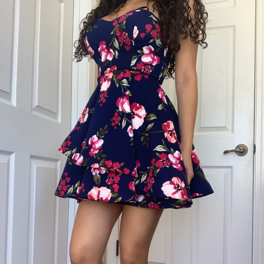 Strapless Navy Blue Floral Dress